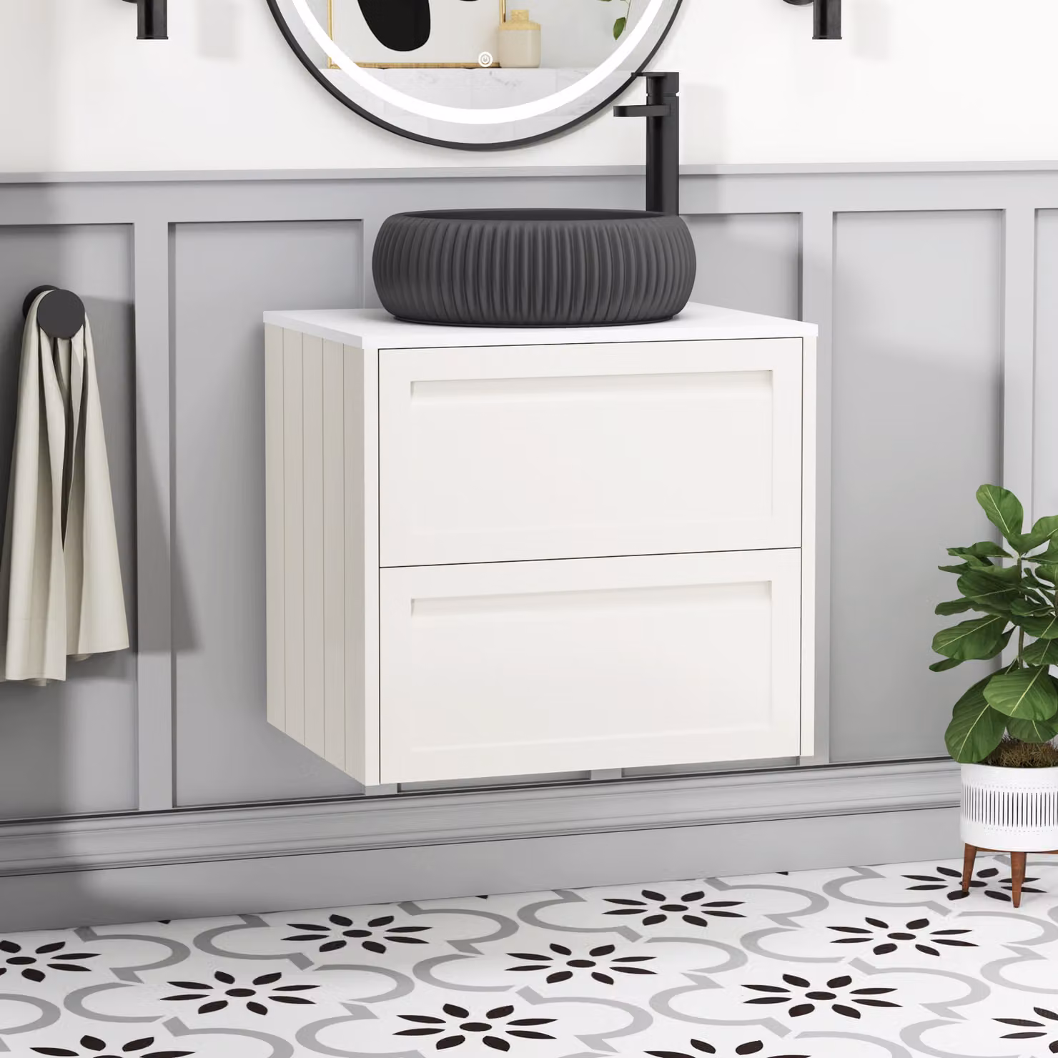 Royal Bathrooms Elmore 600mm Classic White Wall Hung Vanity Unit with 2 Drawers, Plain White Worktop and Milan Black Basin