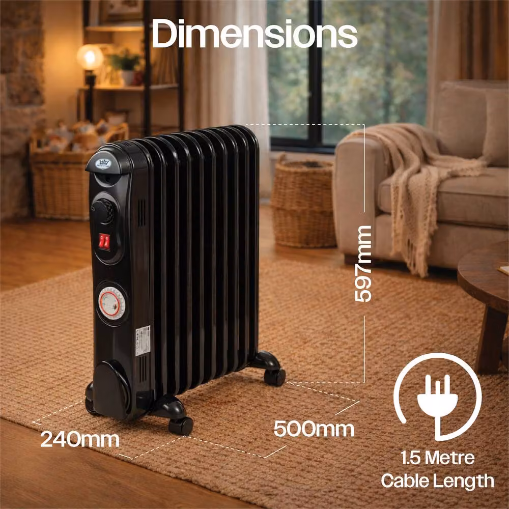 Prem-i-Air 2.5 kW 11 Fin Oil Filled Radiator with 24 Hour Timer, Black – 2