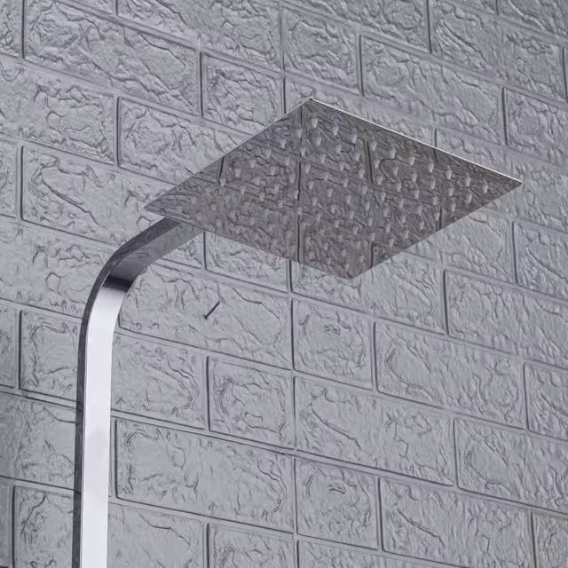 FLAVORA Square Overhead Mixer Tap Chrome Twin Head Shower Kit with Diverter and Rigid Column in Metallic Silver W: 52 cm, H: 1000 cm – 1