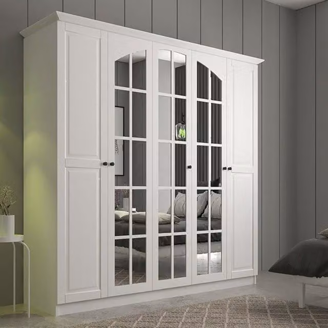 EVUHOME Modern 5 Door Mirrored Wardrobe in White and Black, H 210 cm x W 175 cm x D 52 cm