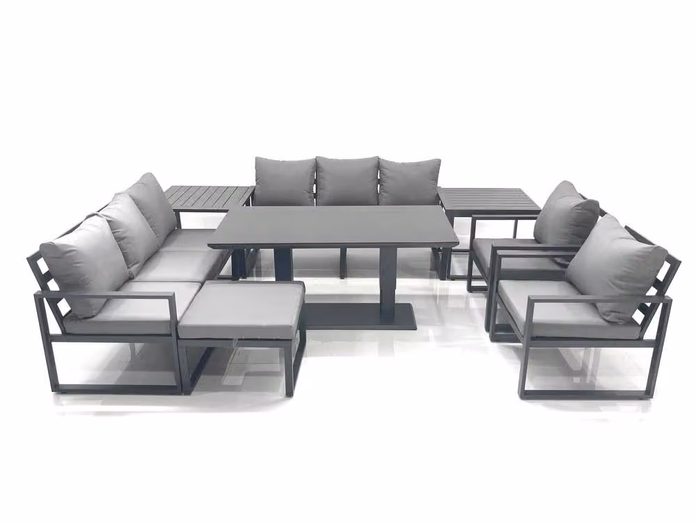 Fimous Dark Grey Aluminium Garden Sofa Set with Height Adjustable Dining Table, 2 Chairs, 2 Big Footstools and 2 Side Tables – 2