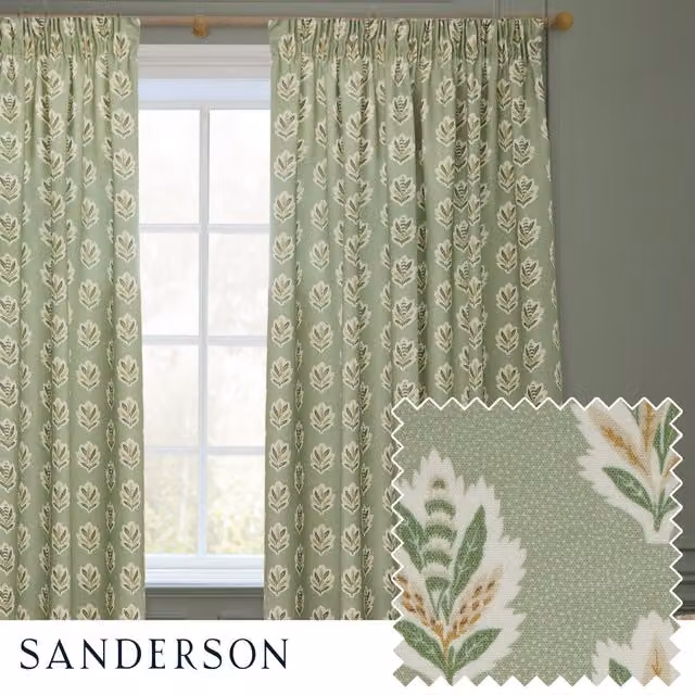 Sanderson Sessile Leaf Room Darkening Pencil Pleat Curtains, Green, Width: 117 cm, Drop: 183 cm