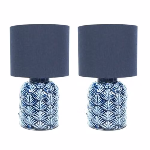 ValueLights Set of 2 Navy Blue Textured Scallop Ceramic Table Lamps with Beige Fabric Drum Lampshades and LED Bulbs Included