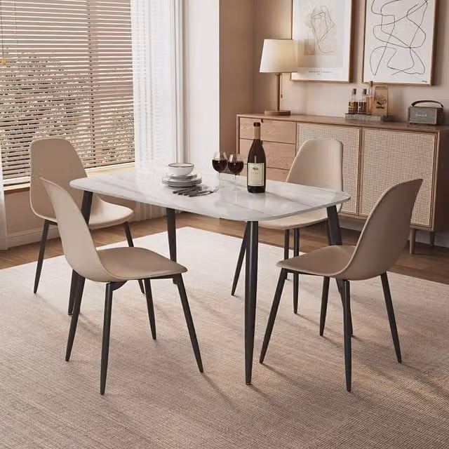 Aspen Gloss White Sintered Stone Rectangular Dining Table and 4 Curve Chair Set in Blue