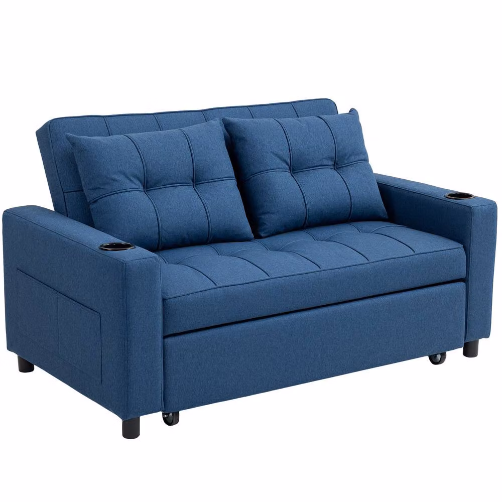 HOMCOM 2 Seater Pull Out Sofa Bed in Dark Blue with Fabric Upholstery and Scatter Cushions – 2