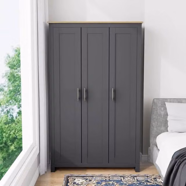 SPETLEK 3 Door Wooden Wardrobe with Hanging Rail and Integrated Drawers in Grey and Oak