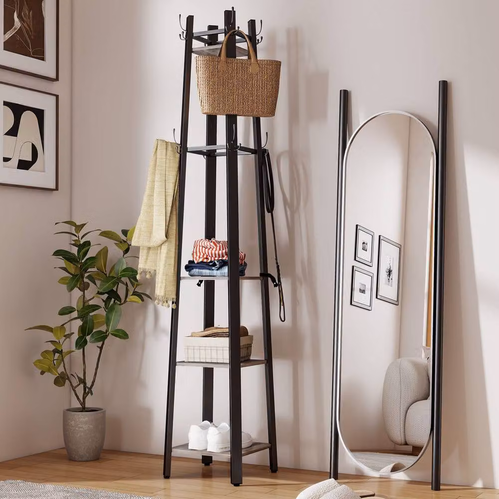 STILVORA Industrial Coat Stand with 8 Hooks and 4 Shelves in Grey and Black – 7