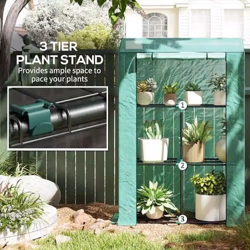 Outsunny 3 Tier Mini Greenhouse with PE Cover and Shelving, Green, W/D/H: 100 x 40 x 150 cm – 4