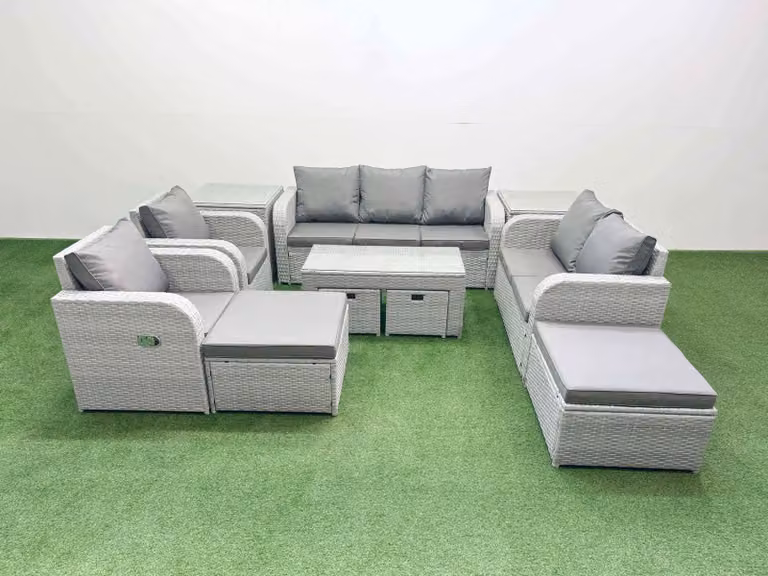 Fimous Grey PE Wicker Rattan Garden Furniture Set with U-Shape 3-Seater Sofa, Ottoman and Coffee Table