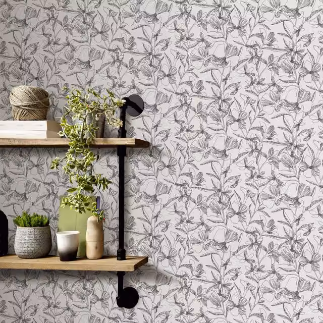 Erismann Brise Mono Modern Floral Botanical Textile Roll in Black and White
