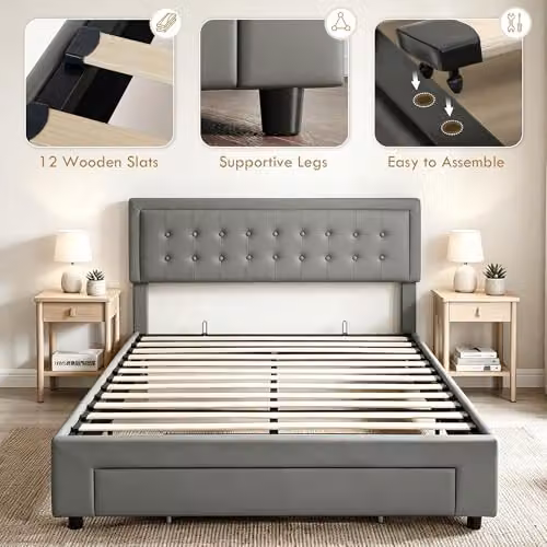 HOMCOM Grey Synthetic Leather Upholstered Ottoman Bed with Lift Up Storage Base, W/D/H: 180 x 157.5 x 203.5 cm – 4