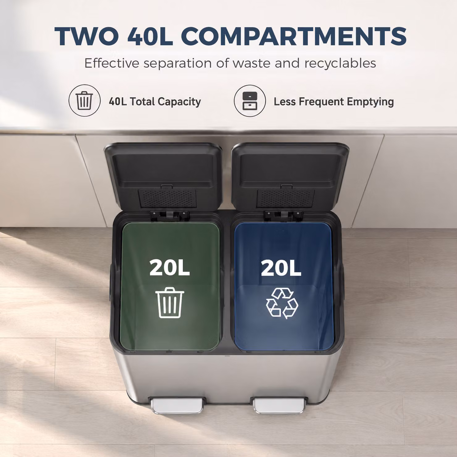 HOMCOM Double Kitchen Bin with Dual 20L Compartments, Stainless Steel Pedal Rubbish Bin with Soft Close Lids and Odour Filter, Silver Tone – 4