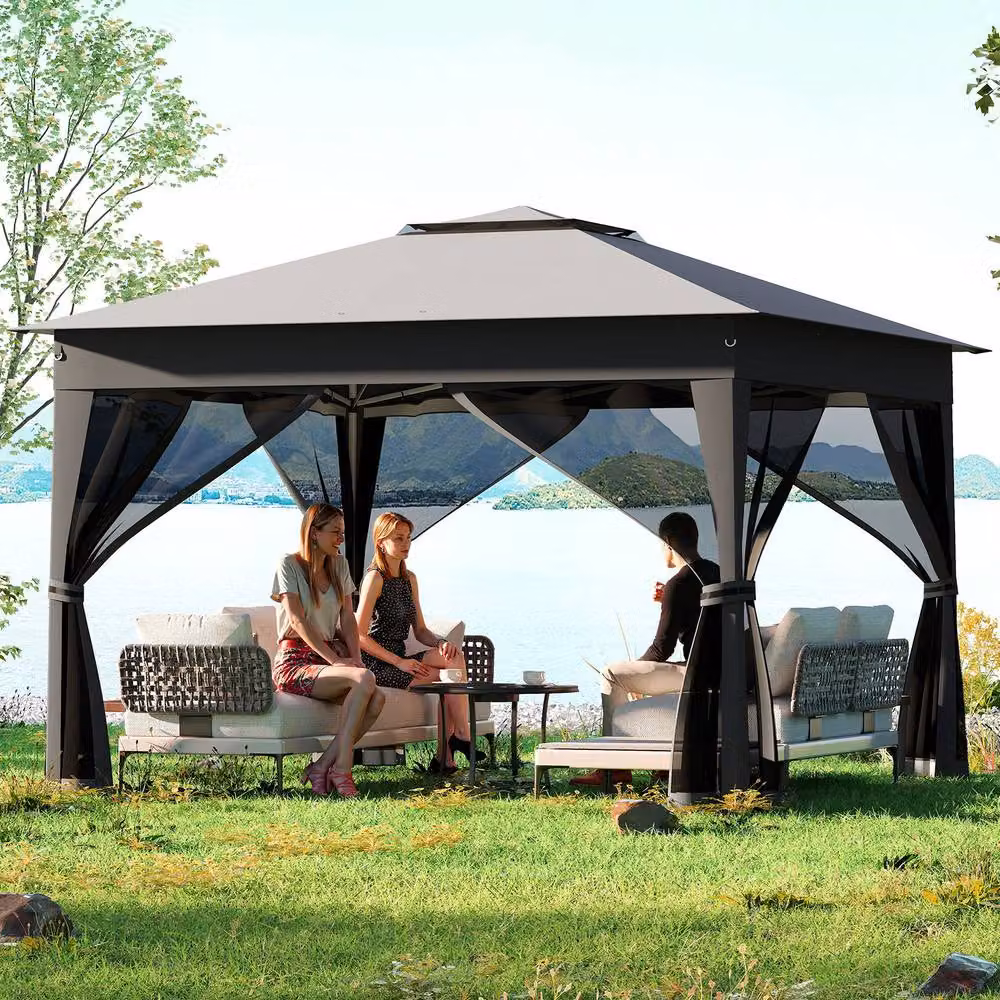Gymax Pop up Gazebo Height Adjustable Pavilion Canopy Tent, Dark Grey, W: 330 cm, D: 330 cm – 8