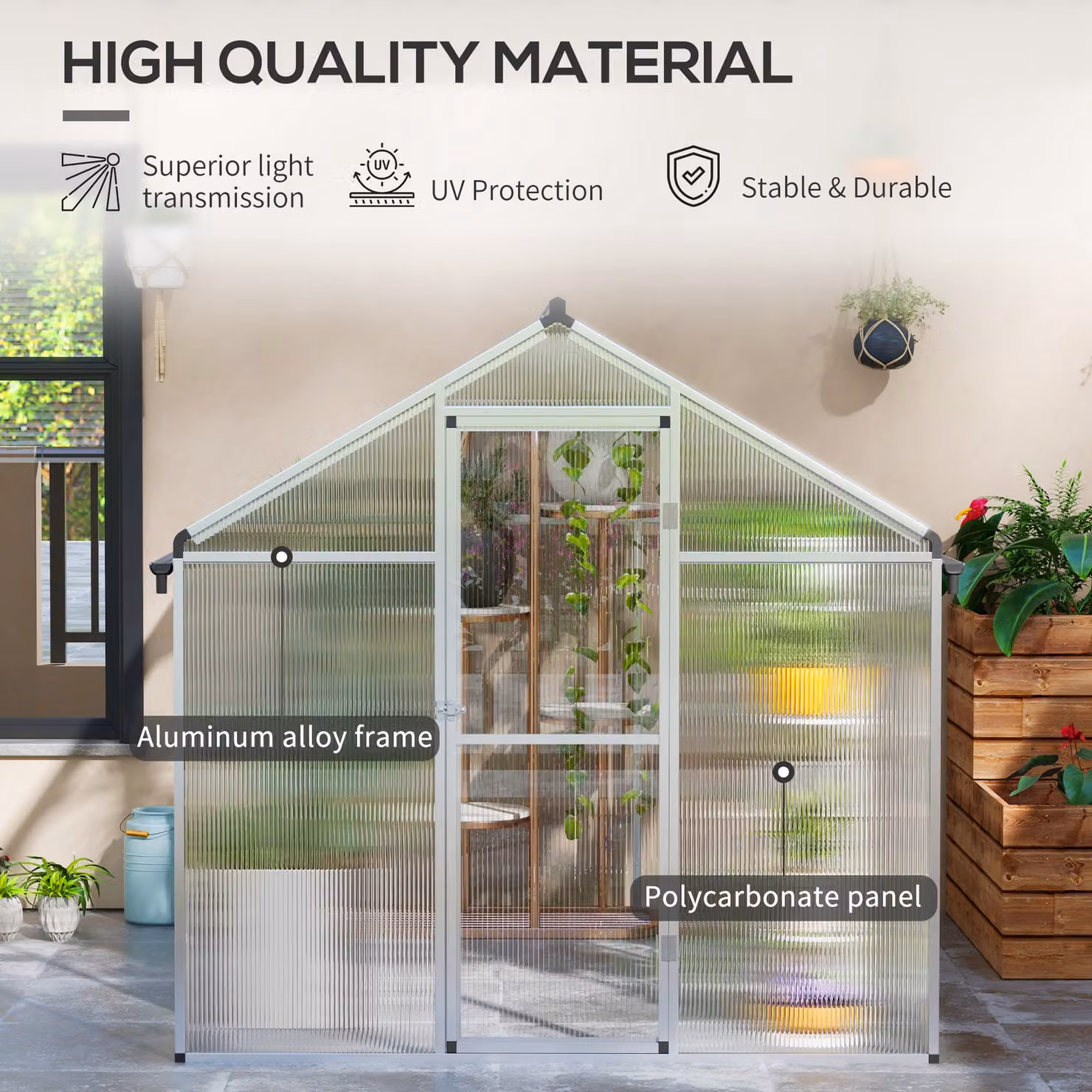 Outsunny Aluminium Walk-In Polycarbonate Greenhouse with Rain Gutters and Window – 3