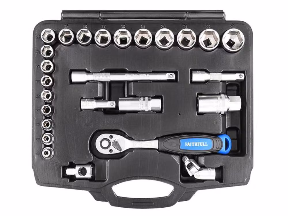 Faithfull 26 Piece 3/8 Inch Drive Socket Set in Silver Chrome Vanadium Steel – 2