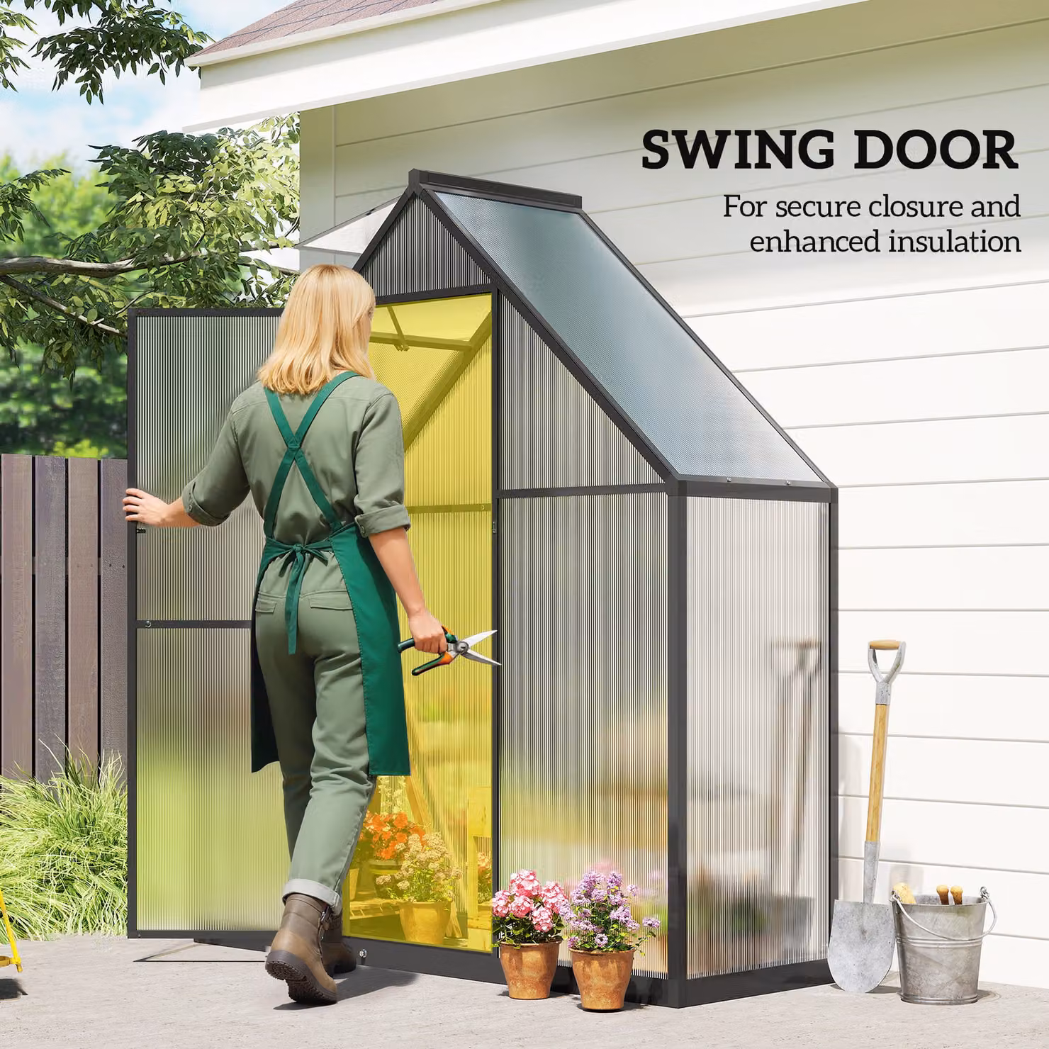 Outsunny Black Polycarbonate Walk-in Greenhouse with Aluminium Frame, Gable Roof, Hinged Swing Door and Adjustable Window, W/D/H: 167.64 x 170.0 x 195.0 cm – 6