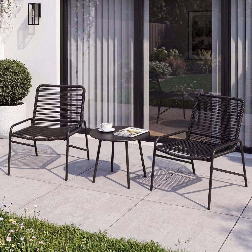 Gymax 3 Piece Black Rattan Bistro Set with Side Table for Garden, Terrace or Balcony – 1