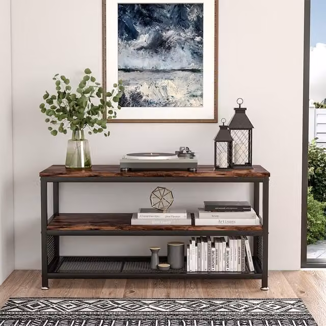 Livingandhome Industrial Wooden TV Unit Stand and Side Console Coffee Table with Mesh Storage Shelf in Brown