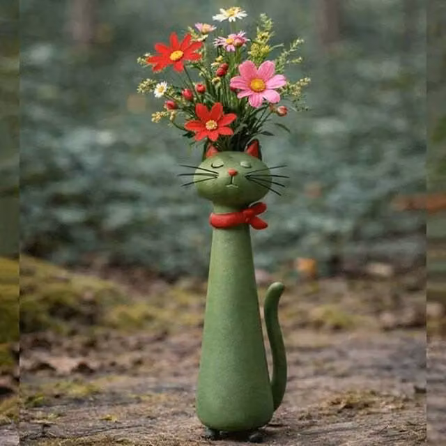 Quipulse Style 3 Cute Cat Shaped Ceramic Decorative Flower Vase in Multicolour and Green