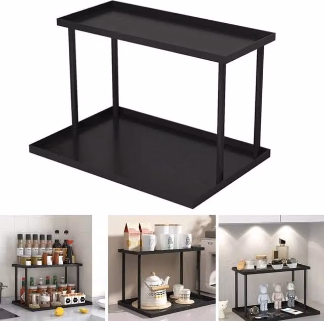 SPETLEK 2 Layer Multipurpose Metal Countertop Organizer in Black, W/D/H: 35.0 x 20.0 x 22.0 cm