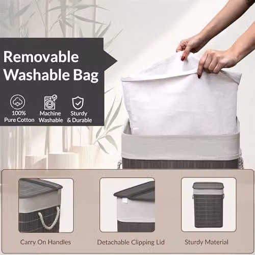 MantraRaj Bamboo Foldable Laundry Basket with Lid and Removable Liner, 65L, Grey – 2