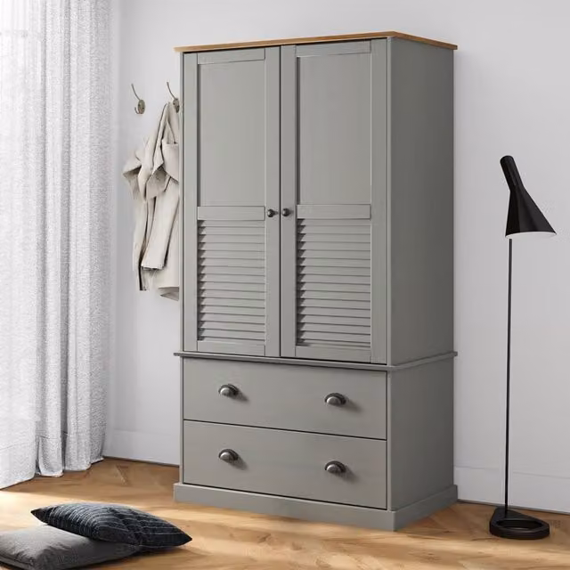 Berkfield Home VIGO Grey Solid Wood Pine Wardrobe with Integrated Drawers W/D/H: 90 x 55 x 176 cm