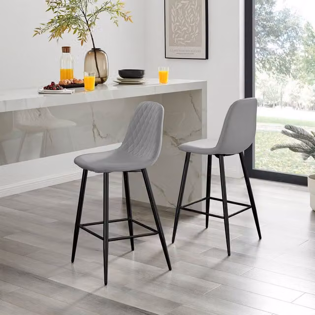 FurnitureboxUK Set of 2 Corona Faux Leather Upholstered Kitchen Breakfast Bar Chairs in Grey with Black Metal Legs