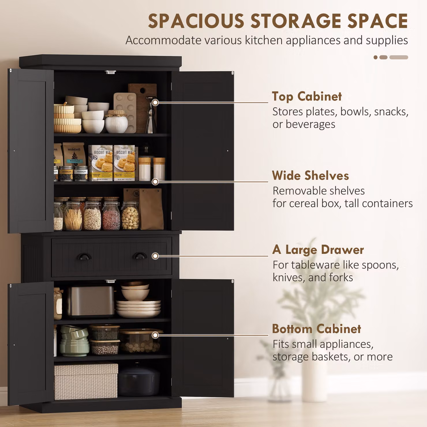 HOMCOM Black Kitchen Storage Cabinet with Drawer, Adjustable Internal Shelves and Hinged Doors, H 183.0 x W 76.2 x D 39.3 cm – 4