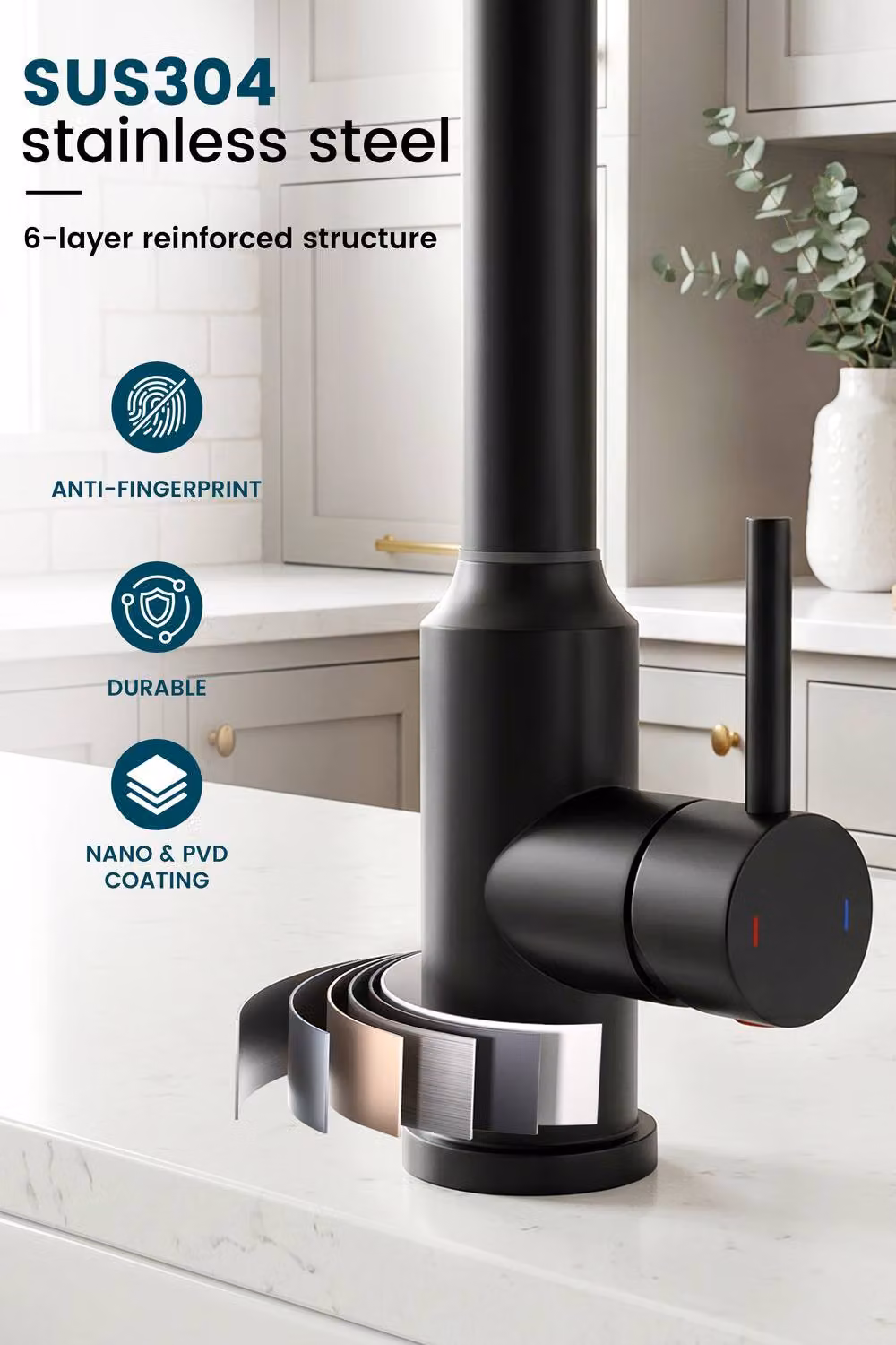 JANLEMNY L-Shaped Kitchen Mixer Tap in Matte Black with Pull-Out Spray Function – 7