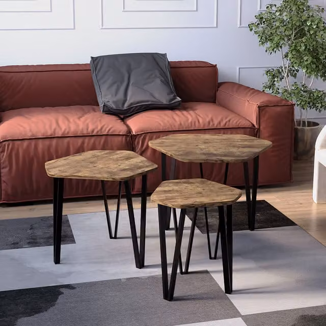 Vida Designs Brooklyn Nest of 3 Industrial Tables in Brown Wood and Metal
