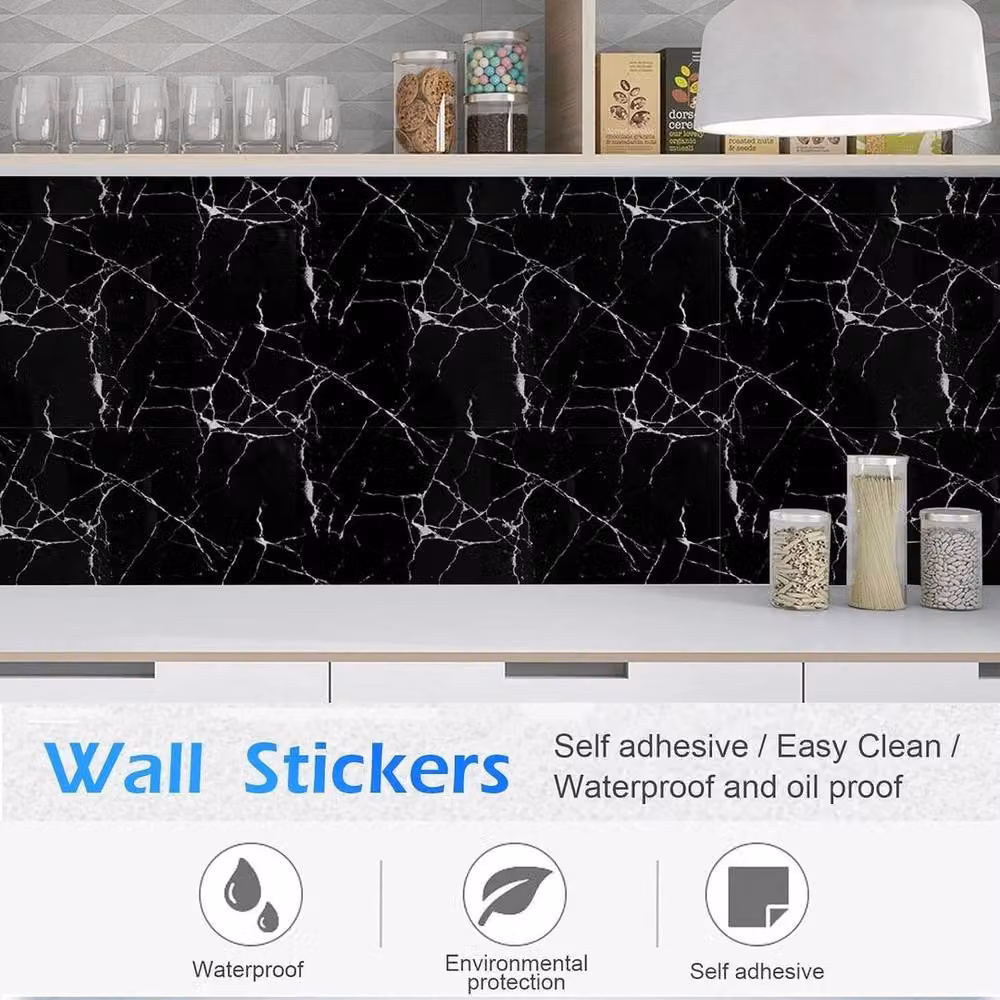FLAVORA Black Marble PVC Self-Adhesive Wall Sticker Tiles – 4