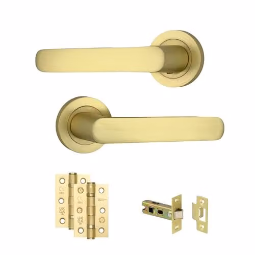 AXS Hardware Harlem Door Handle Pair in Satin Brass with Rose and Door Pack – 1