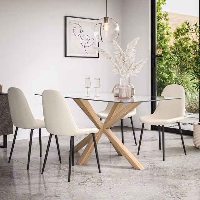 More4Homes Etta Glass Dining Table and Maya Ivory Boucle Dining Chair Set of 4