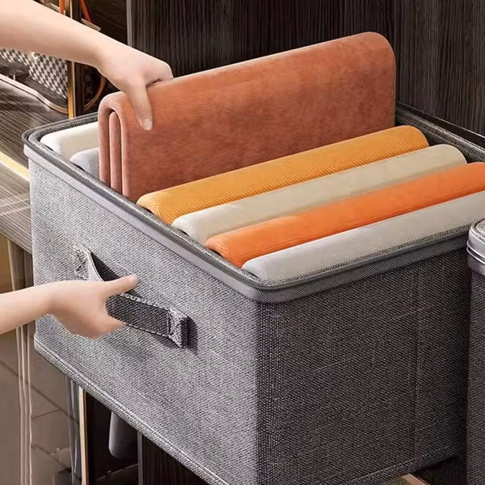 KORVIXA Foldable Fabric Storage Box with Handles, Grey, W: 50 cm, D: 26 cm, H: 3 cm – 4