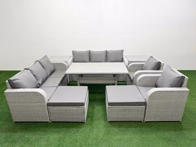 Fimous Grey PE Rattan High Back Lounge Sofa and Rectangular Dining Set with 3 Seater Sofa, Reclining Chair, 2 Footstools and 2 Side Tables