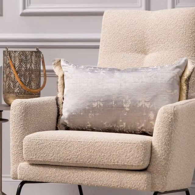 Voyage Maison Orta Silver Jacquard Velvet Feather Filled Fringed Decorative Cushion W/D/H: 40 x 60 x 40 cm