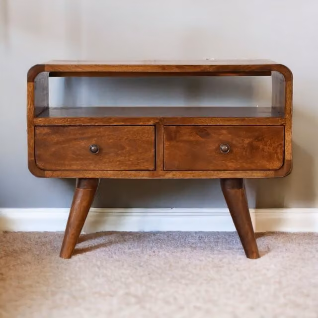 Artisan Furniture Modern Solid Mango Wood Mini Chestnut Curved Media Unit with 2 Drawers, Brown, W/D/H: 60.0 x 30.0 x 45.0 cm – 1