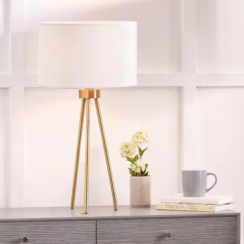 Pacific Lifestyle Metal Tripod Table Lamp with Black Cylinder Fabric Shade in Gold/Brass