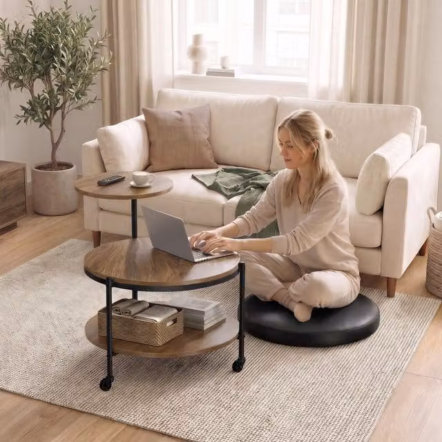 Yaheetech 2-Tier Rolling Coffee Table with Removable Cushion Top in Walnut and Black