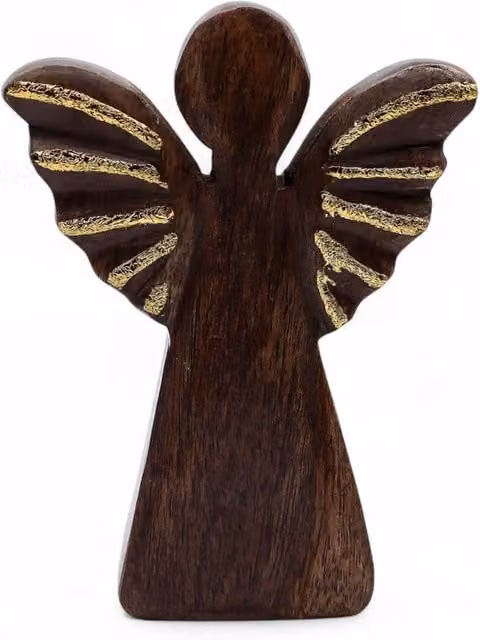 KDMD Medium Mango Wood Angel Tabletop Decor with Gold Finish in Brown, H: 16.0 cm, W: 12.0 cm, D: 12.0 cm – 1