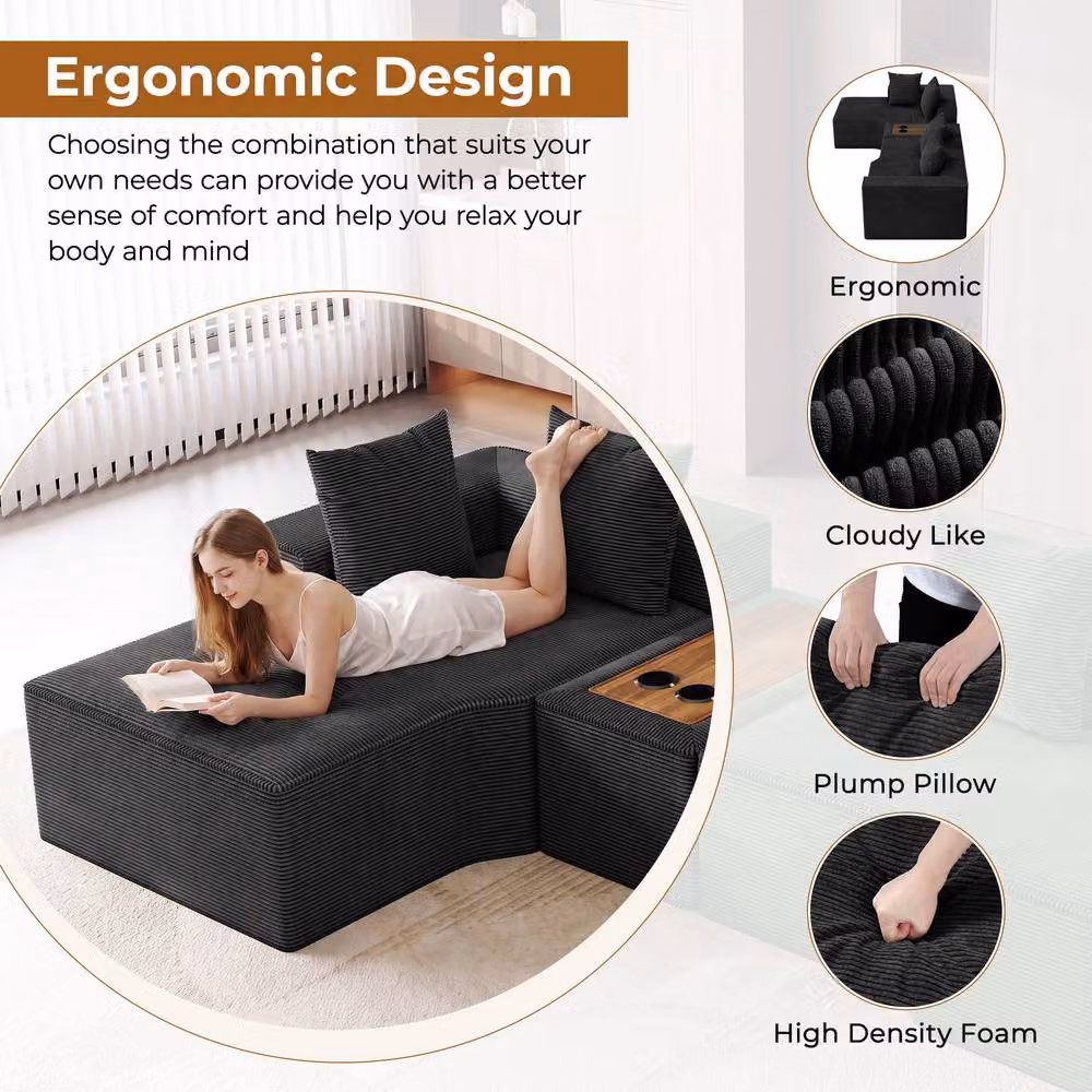 Dprodo Black Corduroy Left-Facing L-Shaped Modular Sofa with Cup Holder Table and Scatter Cushions, 320 cm – 8