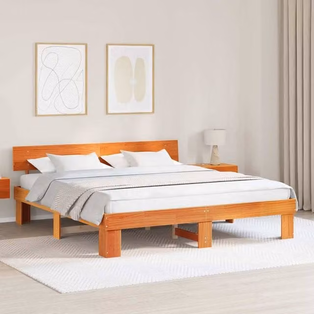 Berkfield Home Solid Pine Wood Bed Frame with Headboard in Wax Brown 180 x 200 cm