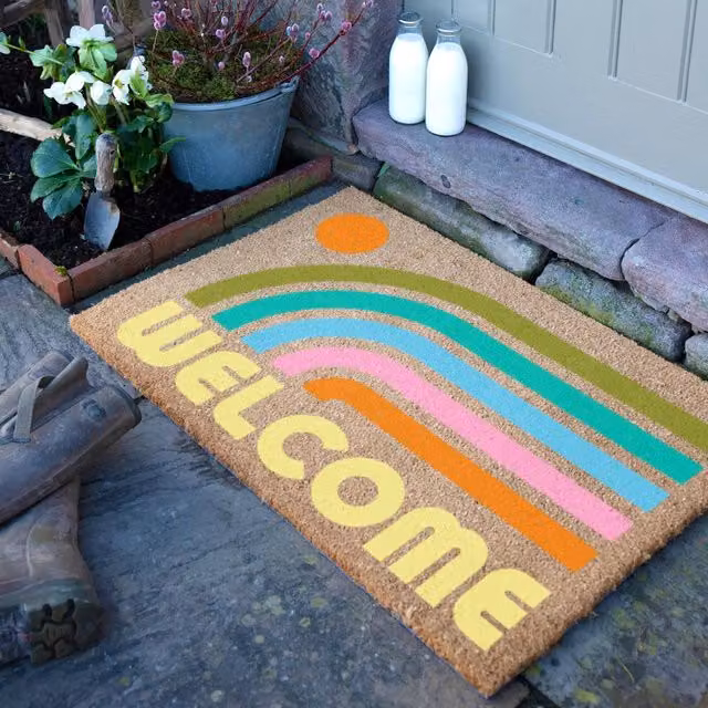 Artsy Mats Elizabeth Olwen Welcome Rainbow Coir Doormat in Brown and Multicolour, W: 90 cm, D: 60 cm – 1