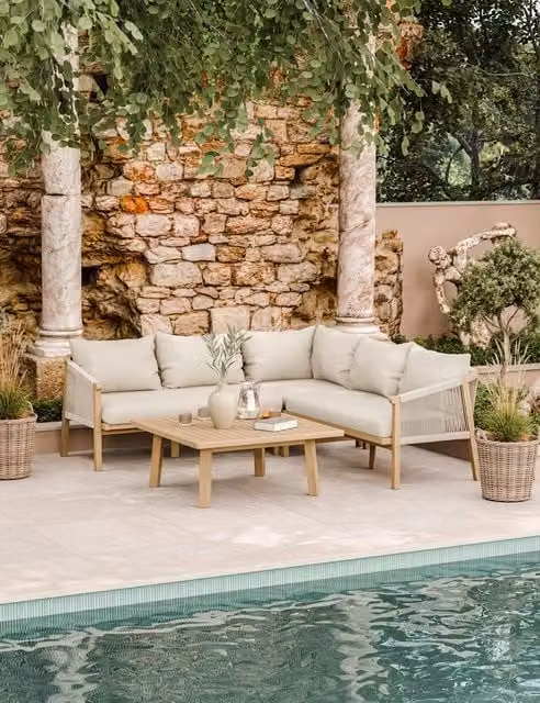 Royalcraft Roma 5 Seater L-Shape Lounge Set with Acacia Wood Frame and Beige Upholstered Cushions