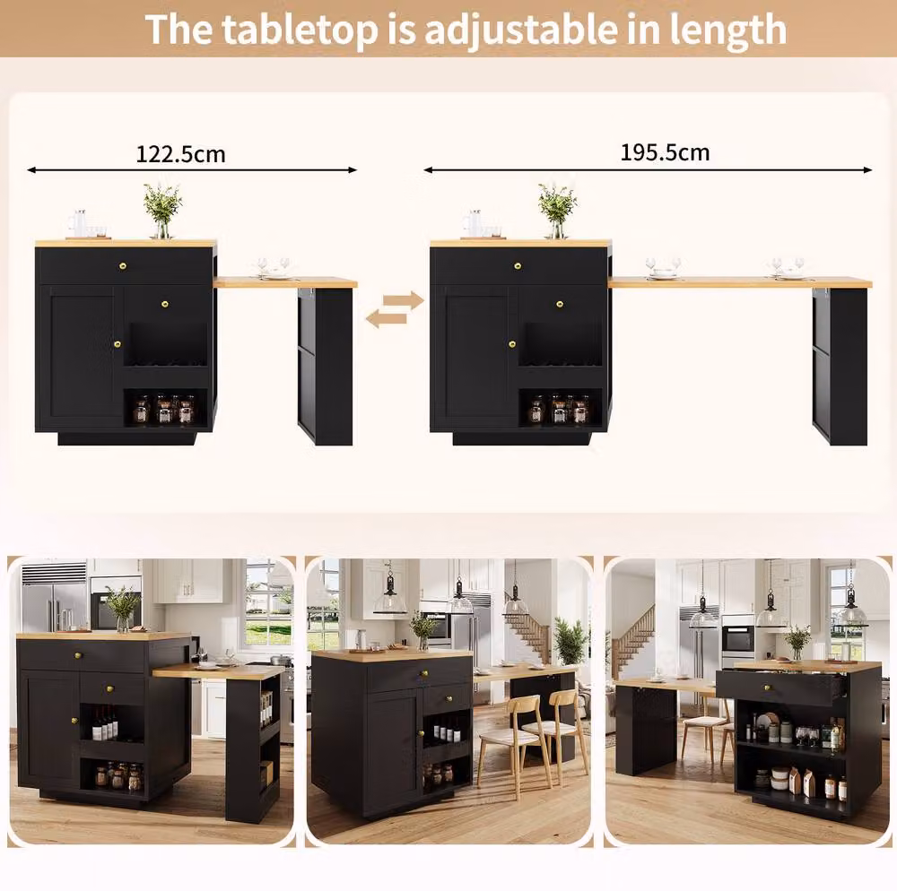 STILVORA Kitchen Island with Extendable Table and Storage in Black – 7
