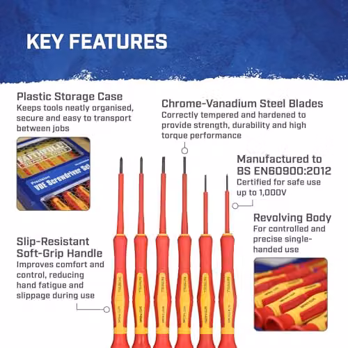 Faithfull 6 Piece Red VDE Precision Screwdriver Set in Chrome-Vanadium Steel – 3