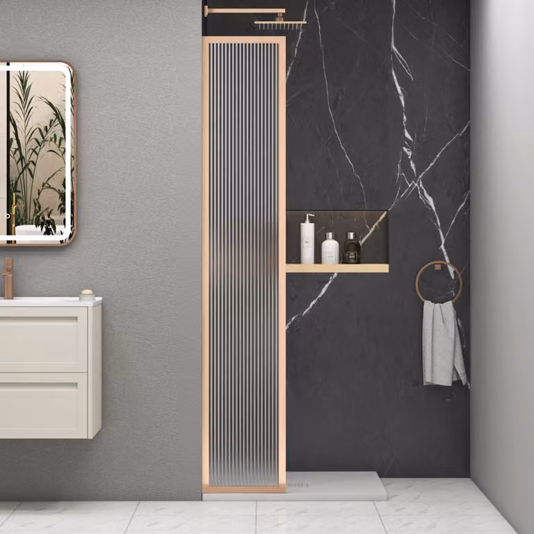 Luxor Fixed Walk-In Wet Room Fluted Shower Screen with Brushed Bronze Frame, 8mm Easy Clean Glass, W: 30 cm, H: 195 cm, D: 30 cm