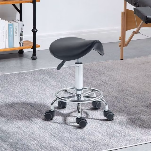 HOMCOM Black Rolling Saddle Stool with Castors and Synthetic Leather Seat for Salon, Massage, Beauty and Tattoo Use