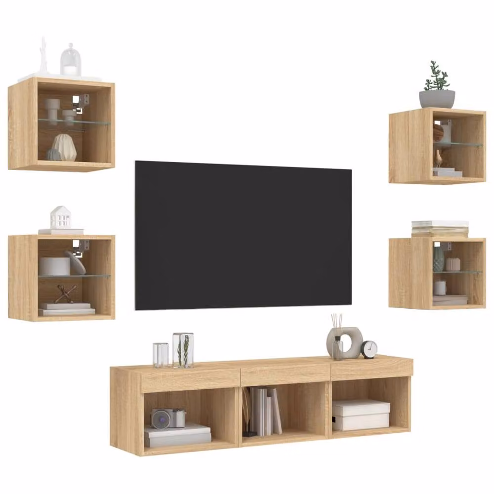 Berkfield Home 7 Piece Versatile TV Wall Unit Set with LED Lighting in Sonoma Oak and Tan – 3