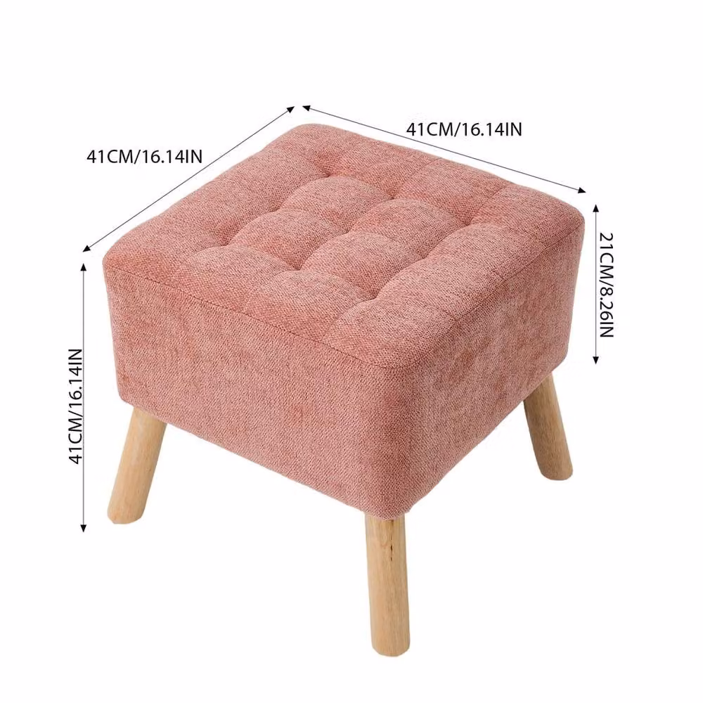 Havendro Pink Chenille Square Ottoman Footstool with Rubberwood Legs – 2